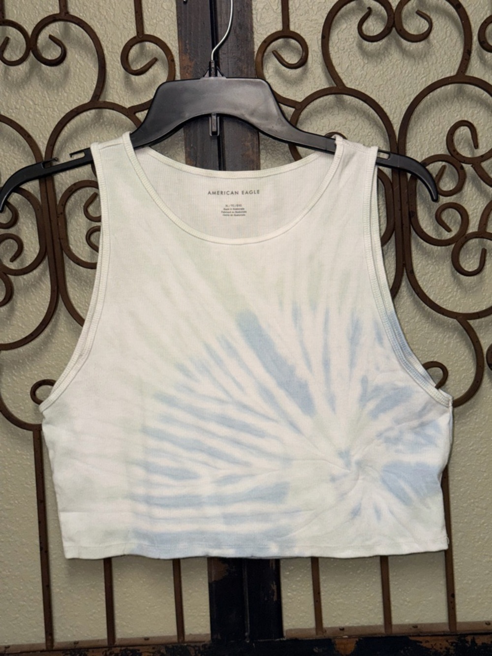 American Eagle Outfitters White & Light Blue Tie-Dye Ribbed Crop Tank Top